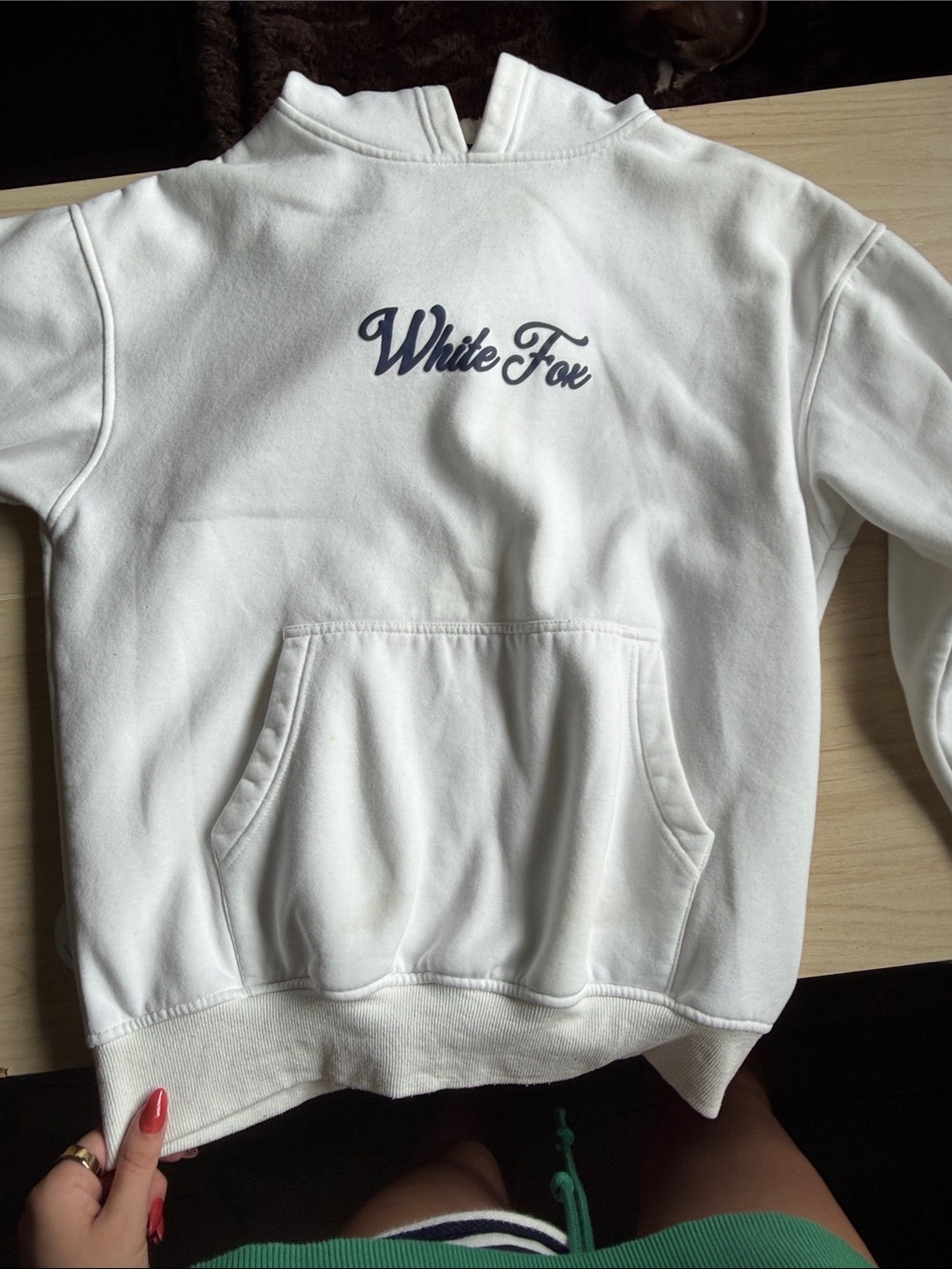 White Fox Boutique White Hoodie Sweater with Navy Script